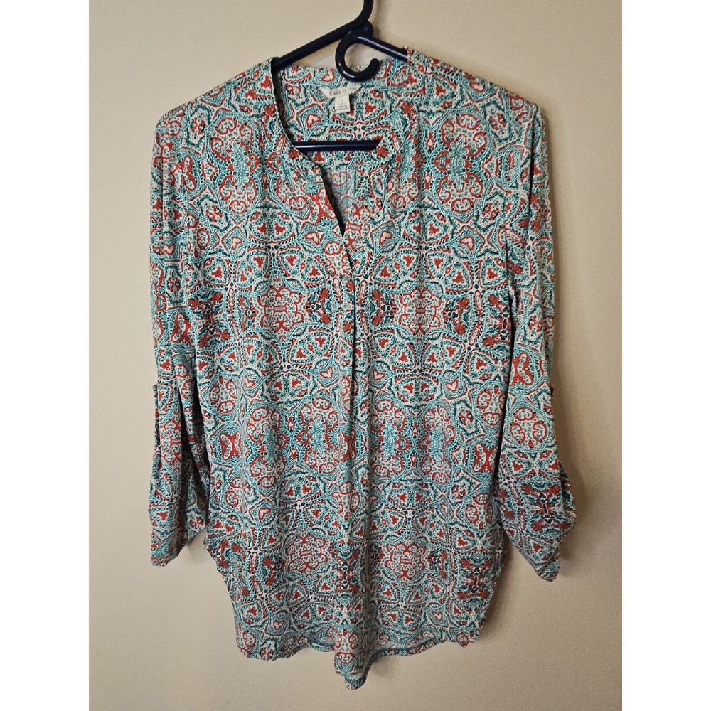 Cato Blouse Women S Teal Rust Vneck Popover Boho Roll Tab Sleeves Tunic Artsy